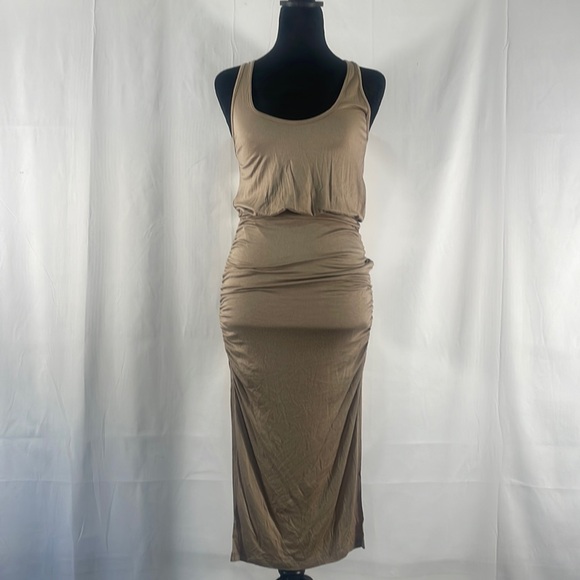 Lovely Day Dresses & Skirts - Tan,Fitted, ruched at sides sleeveless maxi dress, scoop neck,small